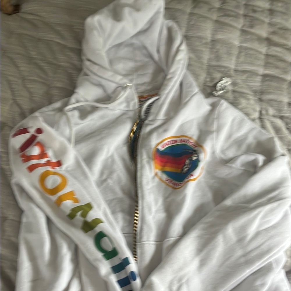 Aviator Nation White zip upHoodie with Rainbow Logo broken zipper